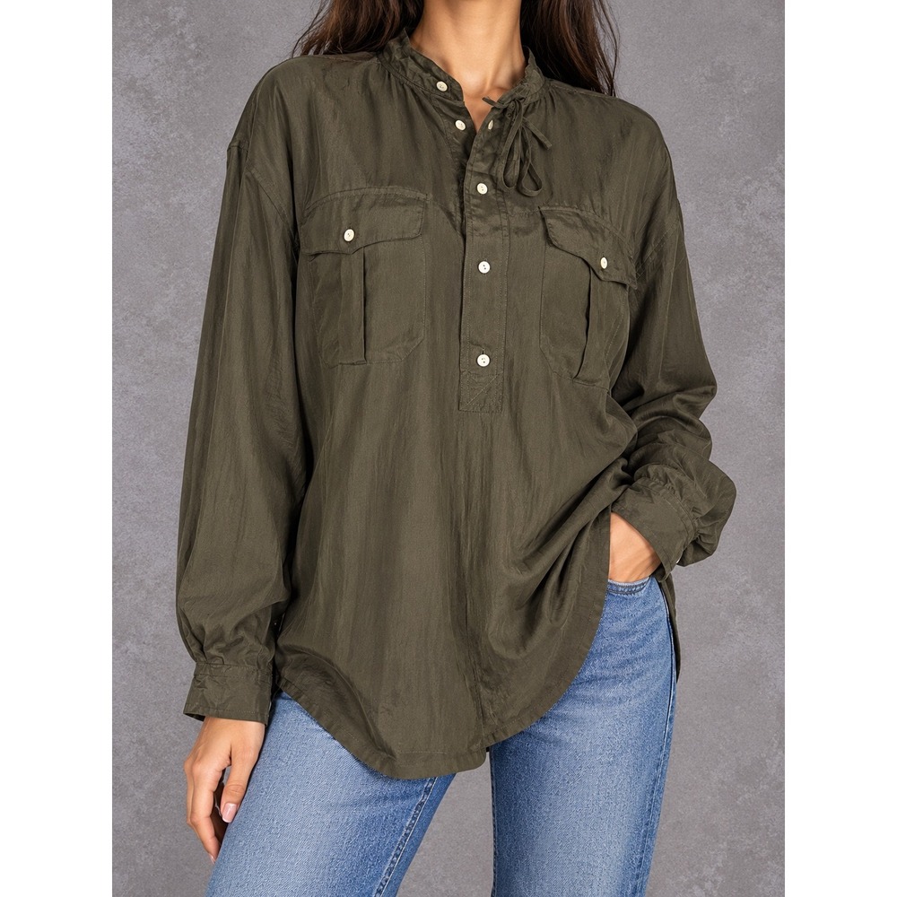 Polo Ralph Lauren Silk Blouse Womens Large Olive Green Utility Shirt Heritage